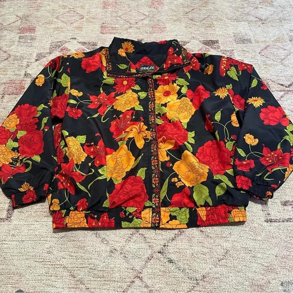 vintage floral lightweight windbreaker jacket in black and red jacket size m - Picture 3 of 12